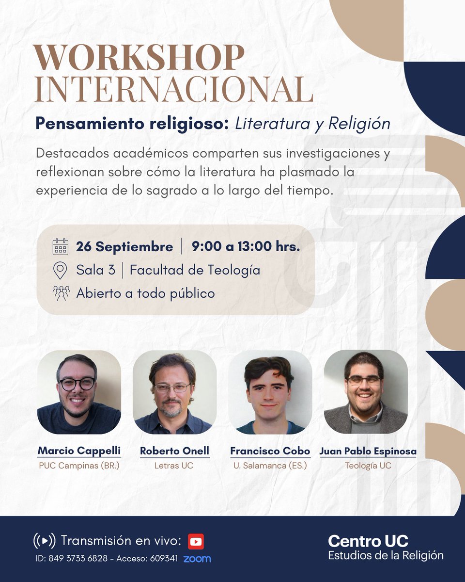 cer_uc's tweet image. 💬 Te invitamos al segundo encuentro del ciclo de workshops organizado por el CER UC

📅 Viernes 26/09
🕓 09:00 a 13:00 
📍 Sala 3 Facultad de Teología – Campus San Joaquín
📚 Abierto a tod@s

¡Te esperamos para reflexionar y dialogar!
#WorkshopCERUC #Literatura #TeologíaUC