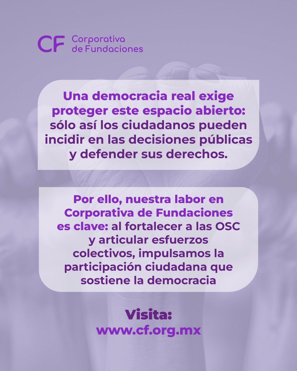 ✨ Sin espacio cívico, la democracia pierde su voz.

En este #DíaDeLaDemocracia recordamos que la participación ciudadana y de las OSC es clave para defender derechos y libertades. 

🌍 Una democracia viva se construye entre todas y todos.

#EspacioCívico #CFSomosTodasYTodos