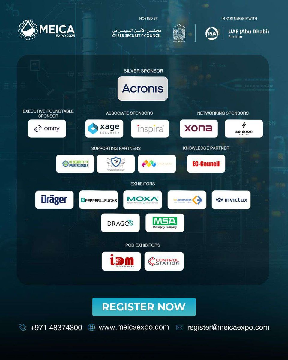 PetroleumToday's tweet photo. We’re proud to join as a Media Partner for the 6th @MEICAEXPO 2025! Hosted by the UAE Cybersecurity Council.

📅 September 16th – 18th, 2025
 📍 Rixos Marina, Abu Dhabi, UAE

Join us at MEICA EXPO 2025!
🔗 Details: https://t.co/Kifo3tbRVF

#MEICAEXPO2025 #meicaexpo #Cybersecurity https://t.co/IQIpuhNaiQ
