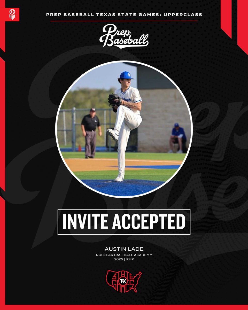 🎟️ #𝐓𝐗𝐒𝐭𝐚𝐭𝐞𝐆𝐚𝐦𝐞𝐬𝟐𝟓: 𝐈𝐧𝐯𝐢𝐭𝐞 𝐀𝐜𝐜𝐞𝐩𝐭𝐞𝐝 

2026 RHP Austin Lade (<a href="/AustinLade2026/">Austin Lade</a> | <a href="/NuclearKnights/">Nuclear Baseball Academy Knights</a>) is headed to The Texas State Games (Upperclass) at Weatherford College on September 19-21.

<a href="/PJCBaseball/">Dragon Baseball</a> commit

🖇️ loom.ly/powpwyg