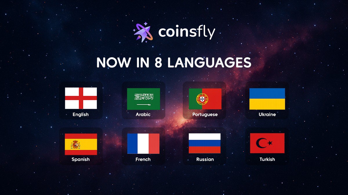 CoinsflyBot's tweet photo. Coinsfly now speaks 8 languages 🌍

Hola! مرحبا! Bonjour! Olá! Привет! Привіт! Merhaba!

Coinsfly Exchange Bot now supports 8 languages: English, Spanish, Arabic, French, Portuguese, Russian, Ukrainian, Turkish.

Switch instantly, swap faster, spend smarter - all inside Telegram. Start here → https://t.co/k8Xb6nsUeb
#Crypto #Web3 #DeFi #Telegram #CryptoWallet #Coinsfly