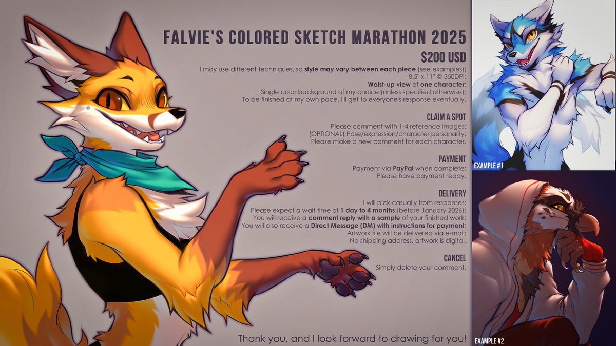 falvie's tweet image. I'm open for colored sketches! ✍🦊

All information is in the attached image. If you have any questions, please DM me.

Thank you for enjoying my art, I can't wait to play with color again!