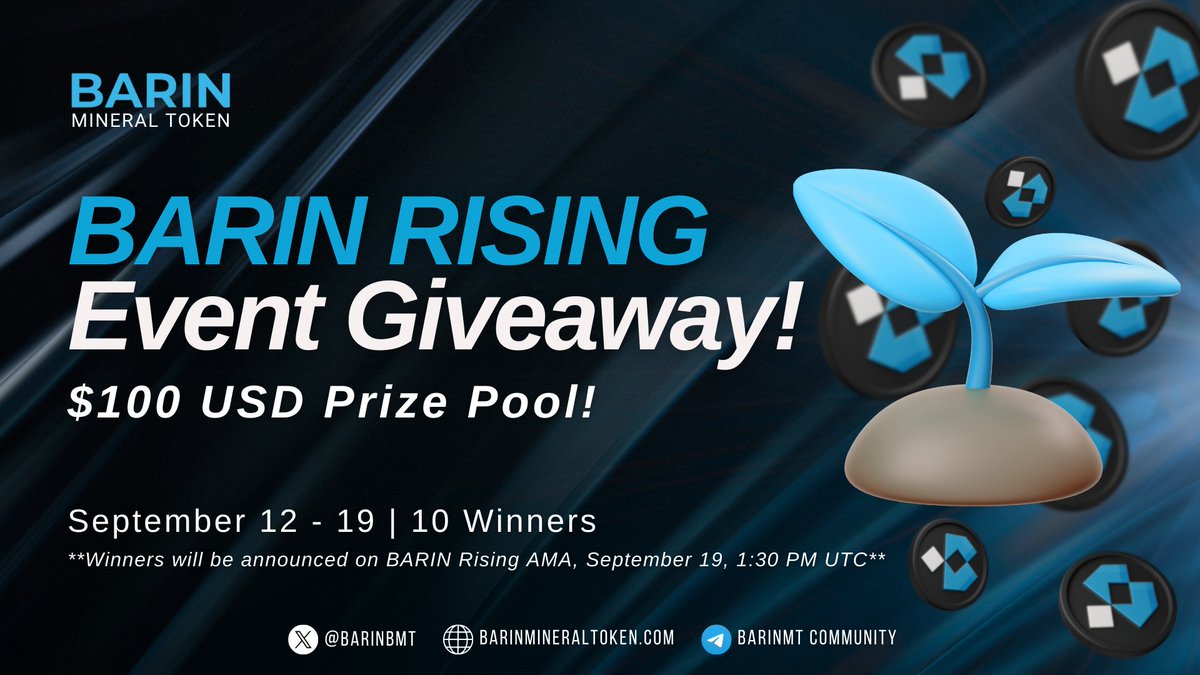 BARIN Rising Giveaway – $100 Prize Pool! 🌱

Don’t miss out! Join with just a few clicks and win your share of $100! 🚀 

Rewards:
🏆 10 winners × $10 each in $USDT (Total $100)

How to Join:
1️⃣ Follow <a href="/Barinbmt/">BARIN</a>
2️⃣ Join our Telegram: t.me/BarinMT
3️⃣ Retweet this post