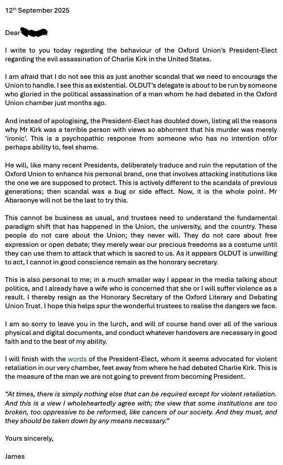 James Price (@jamespriceglos) on Twitter photo I have resigned as the honorary secretary of the Oxford Literary Debating & Union Trust, the charity that owns the <a href="/OxfordUnion/">Oxford Union</a>’s buildings, and dispenses its charitable responsibilities onto the Union as its delegate.
The callousness of the Union’s President-Elect has shocked I have resigned as the honorary secretary of the Oxford Literary Debating & Union Trust, the charity that owns the <a href="/OxfordUnion/">Oxford Union</a>’s buildings, and dispenses its charitable responsibilities onto the Union as its delegate.
The callousness of the Union’s President-Elect has shocked