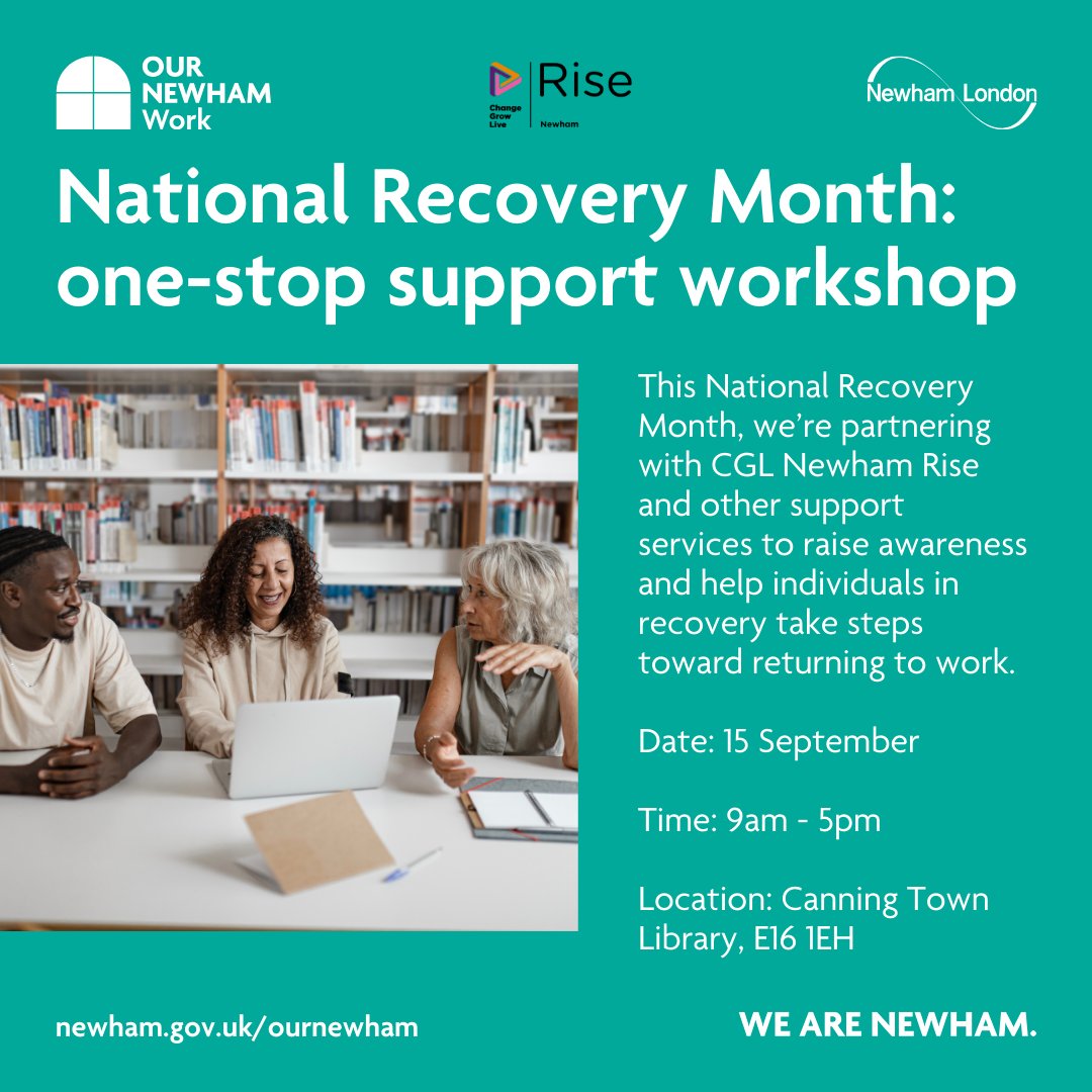 📢 This coming Monday!

For #NationalRecoveryMonth, we're teaming up with <a href="/CGLNewhamRise/">CGL Newham Rise</a> &amp; other services for a one-stop shop workshop supporting individuals in recovery on their journey back to work.

Join us at Canning Town Library for guidance, opportunities &amp; local support!