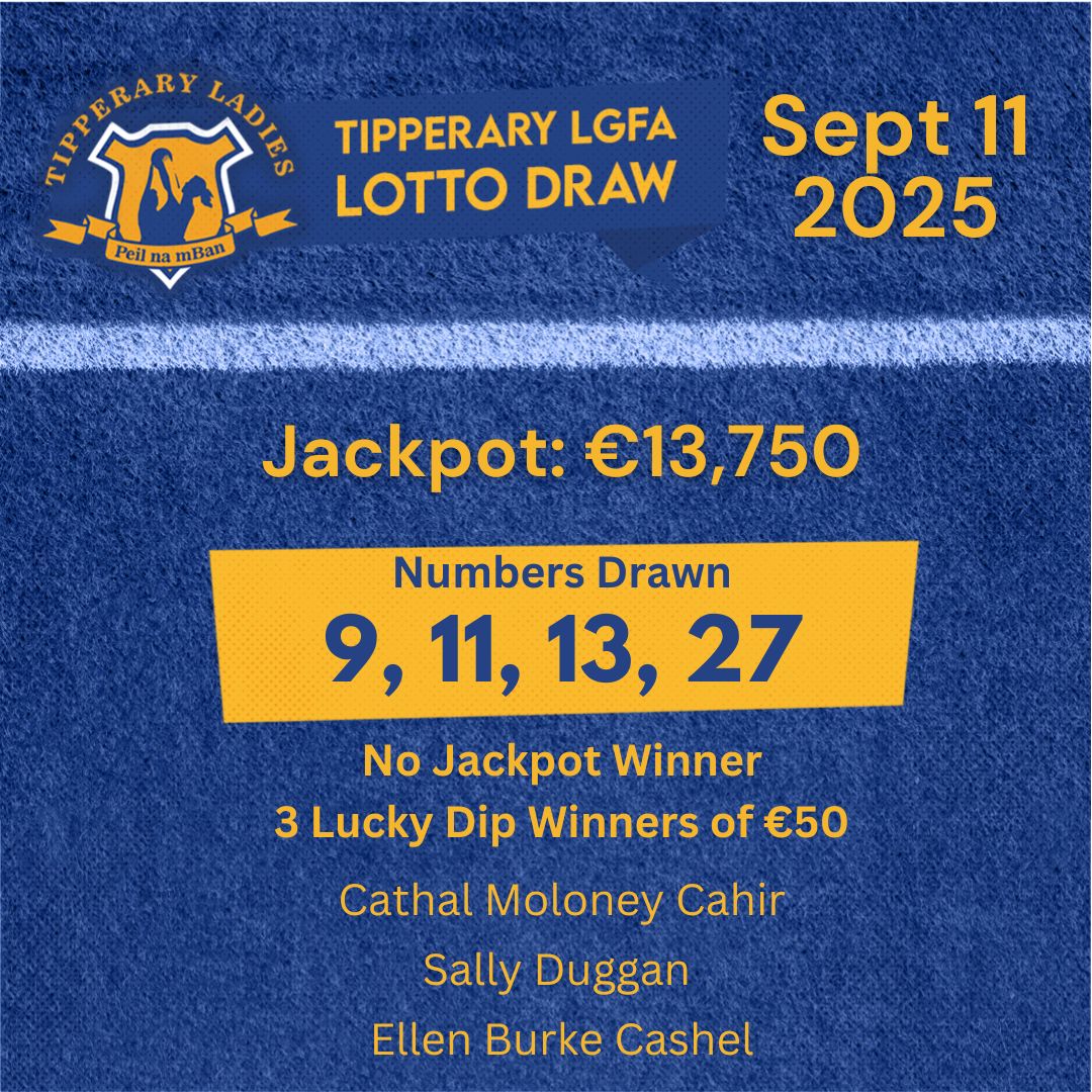 💛💙 Tipp LGFA Lotto 💛💙
🔹 Jackpot: €13,750
 🔹 Numbers: 9, 11, 13, 27
 ❌ No Jackpot Winner
🎉 €50 Winners:
 Cathal Moloney (Cahir)
 Sally Duggan
 Ellen Burke (Cashel)
Support Tipp Ladies Football &amp; play here 👉 play.clubforce.com/play_newa.asp?…
#TippLGFA #Lotto