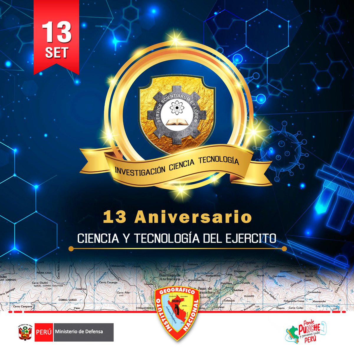 El <a href="/ignperu/">Instituto Geográfico Nacional</a>  un afectuoso saludo a los oficiales del 𝗦𝗲𝗿𝘃𝗶𝗰𝗶𝗼 𝗱𝗲 𝗖𝗶𝗲𝗻𝗰𝗶𝗮 𝘆 𝗧𝗲𝗰𝗻𝗼𝗹𝗼𝗴𝗶́𝗮 𝗲𝗻 𝘀𝘂 𝟭𝟯° 𝗔𝗻𝗶𝘃𝗲𝗿𝘀𝗮𝗿𝗶𝗼. Personal que demuestra día a día su compromiso de trabajar con ahínco en la investigación, ciencia y tecnología.