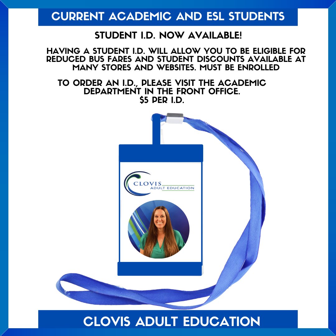 We have upcoming dates for current students to get a school ID printed.
9/12 at 10AM
9/26 at 10AM
10/16 at 5:30PM
Come to the Academic office and sign up and pay $5.00