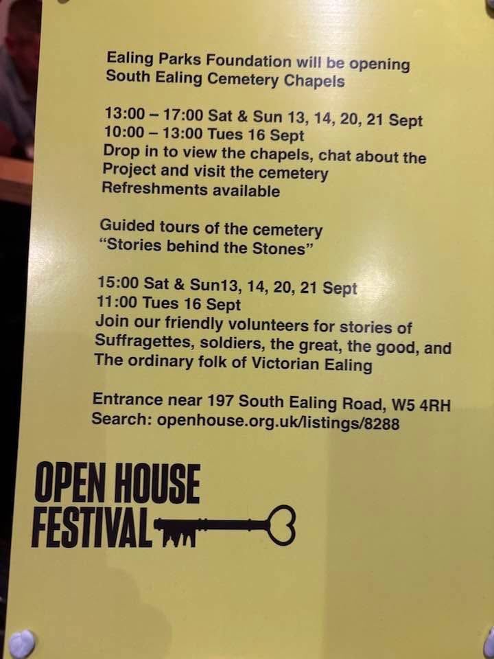 This weekend and next weekend: 1pm-5pm at South Ealing - see the chapels, and guided tours of the cemetery at 3pm