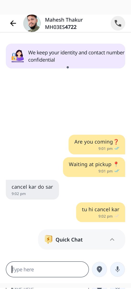Hi <a href="/rapidobikeapp/">Rapido</a>, I booked a ride with driver Mahesh Thakur (MH03ES4722) at 9:01 PM, but instead of coming to the pickup, he kept asking me to cancel the ride. This is unfair as it affects the customer. Please look into this and take action.