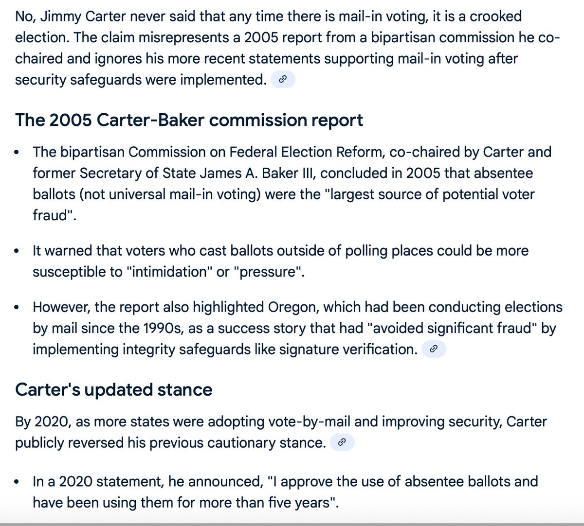 Sometimes, AI can be helpful. Many outright lies by the bullshitter in chief. He lies about the Baker-Carter commission and none of the "journalists" sitting with him corrects him. That's because they are NOT journalists. They are ignorant bootlicking shills.