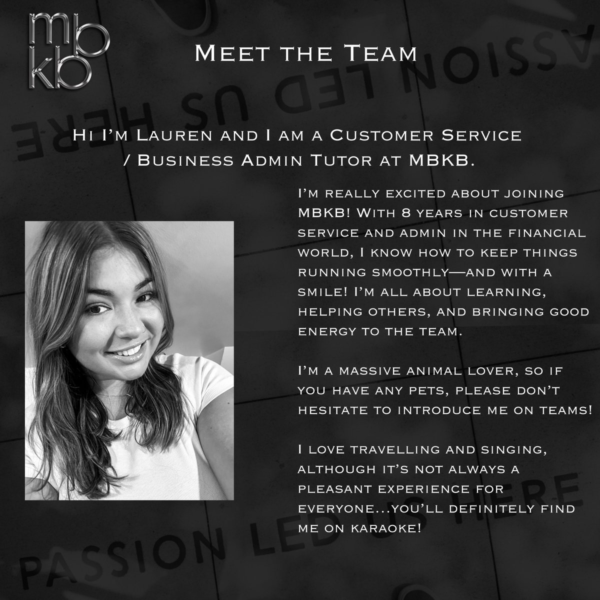 mbkbtraining's tweet image. 📣 Continuing our Meet the Team series, we’re excited to introduce Lauren Barretto, one of our Customer Service and Business Admin Tutors! 🎤✈️🐾

Welcome to the team, Lauren – we’re so pleased to have you onboard! 🌟

#MBKB #MBKBTraining #TeamMBKB