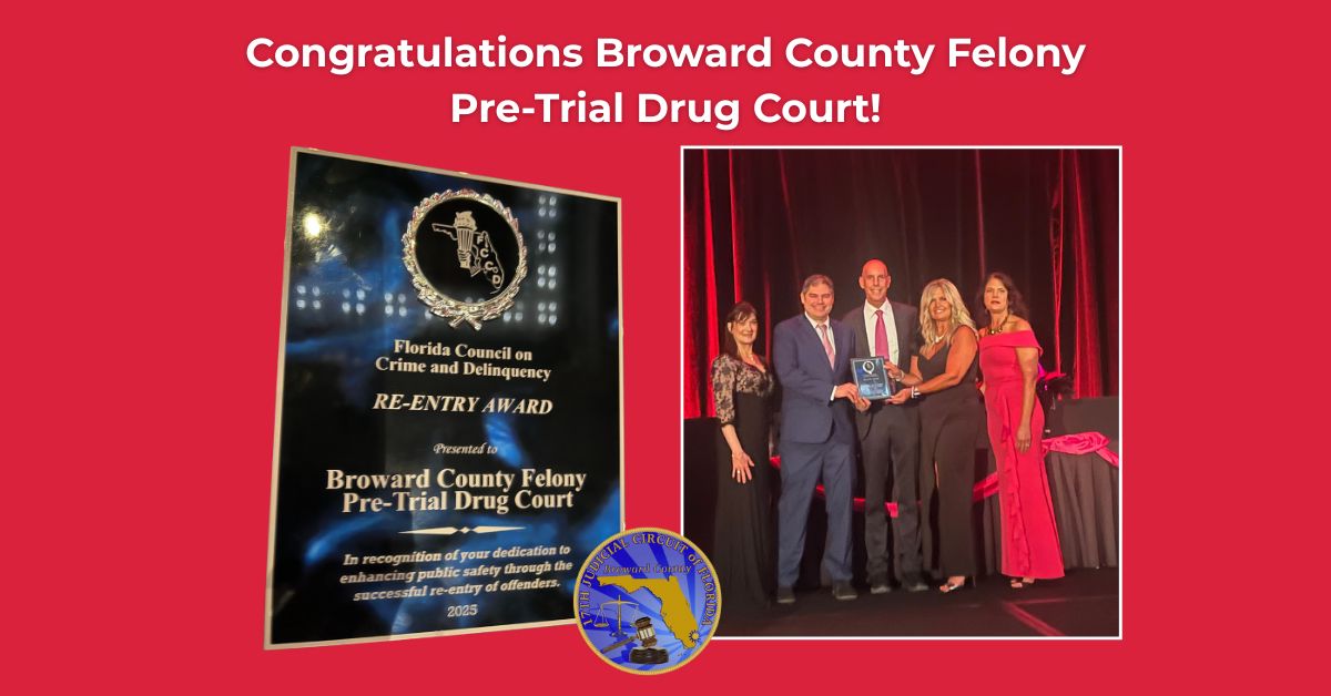 This week, our Felony Pre-Trial Drug Court received the Re-Entry Award from the Florida Council on Crime and Delinquency at the 95th Annual Criminal Justice Training Institute on Sept. 10th in Orlando. Congratulations Judge Michael Davis and Drug Court Manager Russell Edwards!
