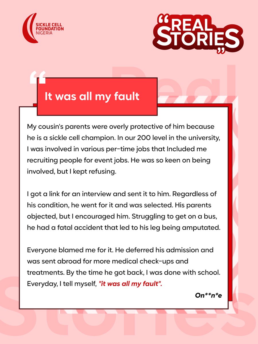 sicklecellnig's tweet photo. This sickle cell awareness month, we are shining the light on lives lived, emotions felt and decisions made that have and are still affecting lives.
This week on Real Stories, 3 people talk about what it's like to live with sickle cell champions.
#Realstories #scfn https://t.co/4S1uQNrw0J
