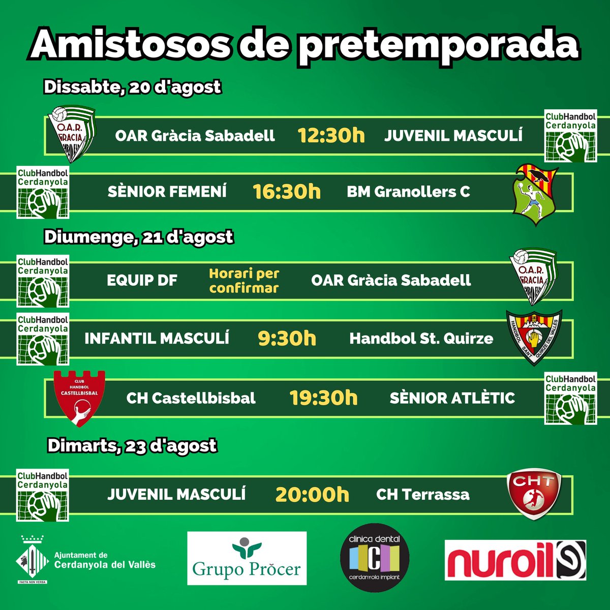 💥 AMISTOSOS DE PRETEMPORADA!

🤾‍♀️🤾‍♂️ Els nostres equips ja es preparen per a l'inici del curs 2025/26 amb alguns partits amistosos durant les properes setmanes!

💚 Us esperem a tots a Guiera per a començar a animar els nostres! Som-hi!

#123Sarda #Handbol #pretemporada