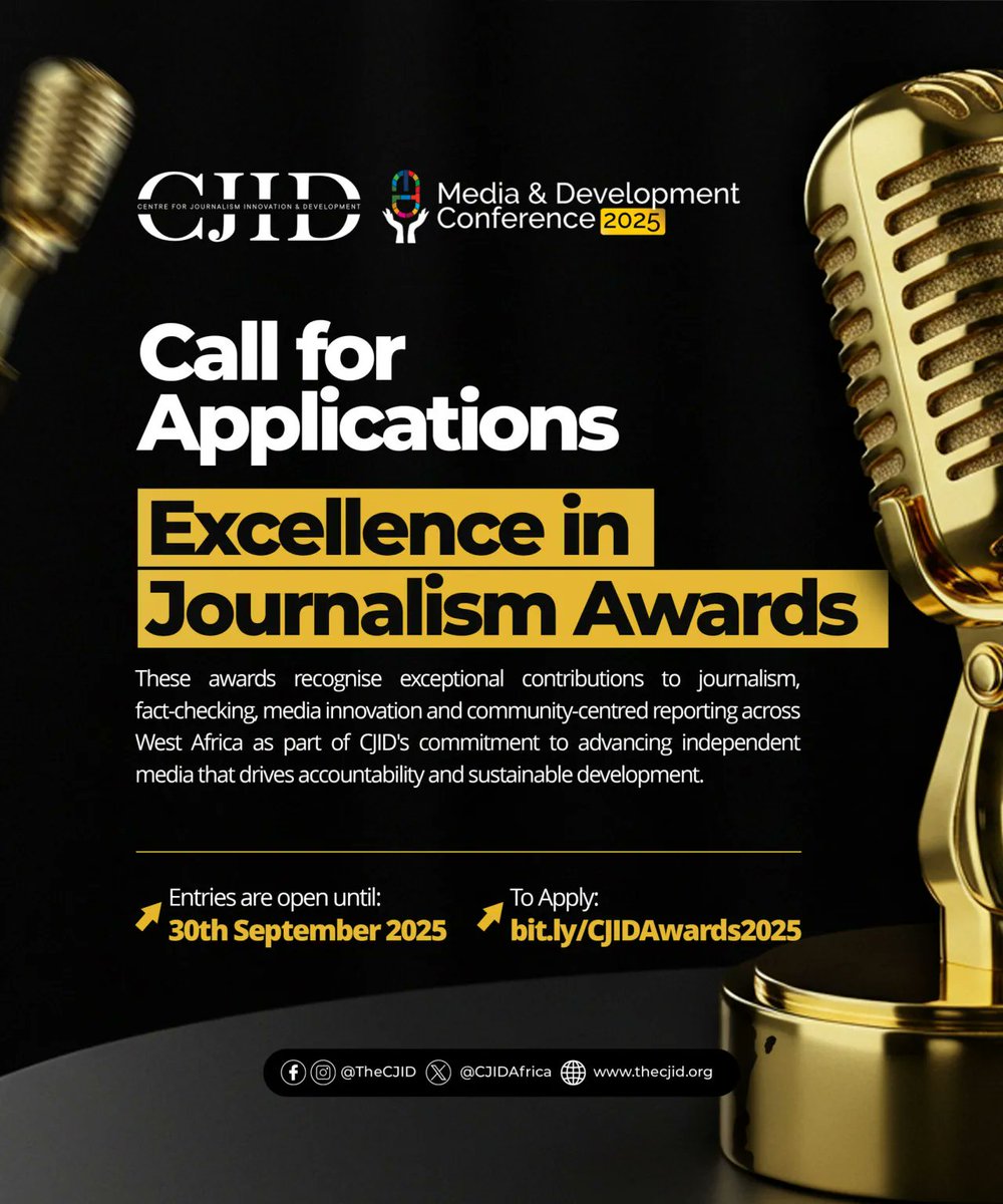 I am excited to announce that entries for this year’s #ExcellenceInJournalismAwards by <a href="/CJIDAfrica/">Centre for Journalism Innovation and Development</a> are now open to journalists from Nigeria, Ghana, Liberia, Sierra Leone, The Gambia, Senegal, and Ivory Coast.
This year, we are introducing a new category : “Editor of the Year