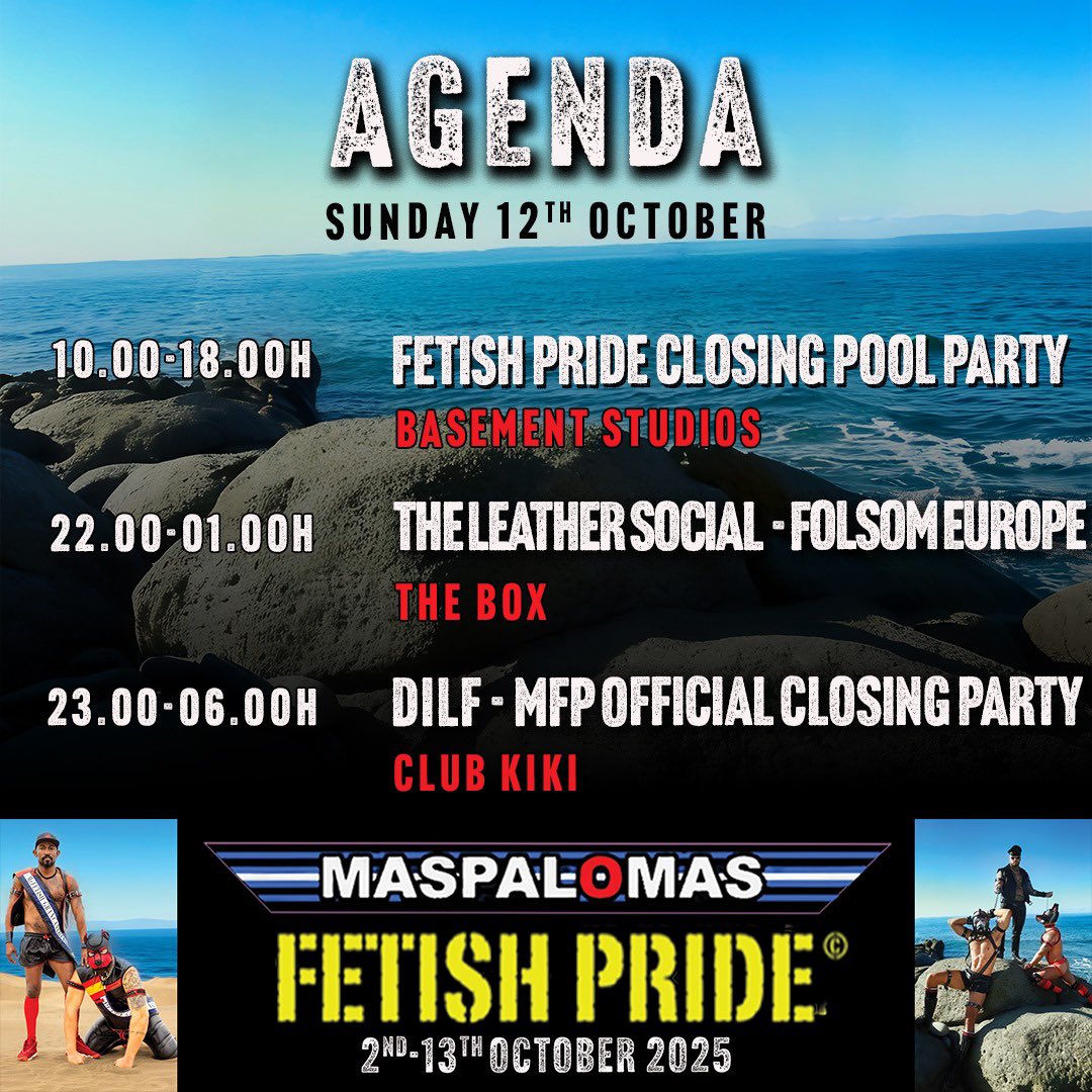 The countdown is on! Less than one month to go until Maspalomas Fetish Pride 2025 kicks off. We already know what we’ll be doing this time next month - do you know where you’ll be? 

Full agenda + advance tickets now available at 👉 maspalomasfetishpride.com