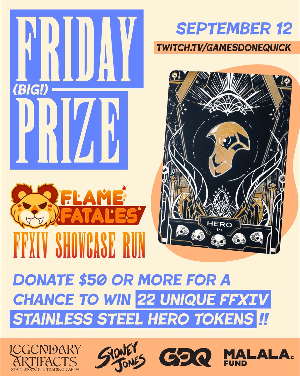 Today!! You can win all 22 Stainless Steel Hero Tokens illustrated by <a href="/SydneyJones/">ʎǝupʎs 🌙 シドニー</a> when you donate during #flamefatales <a href="/GamesDoneQuick/">Games Done Quick</a> ✨