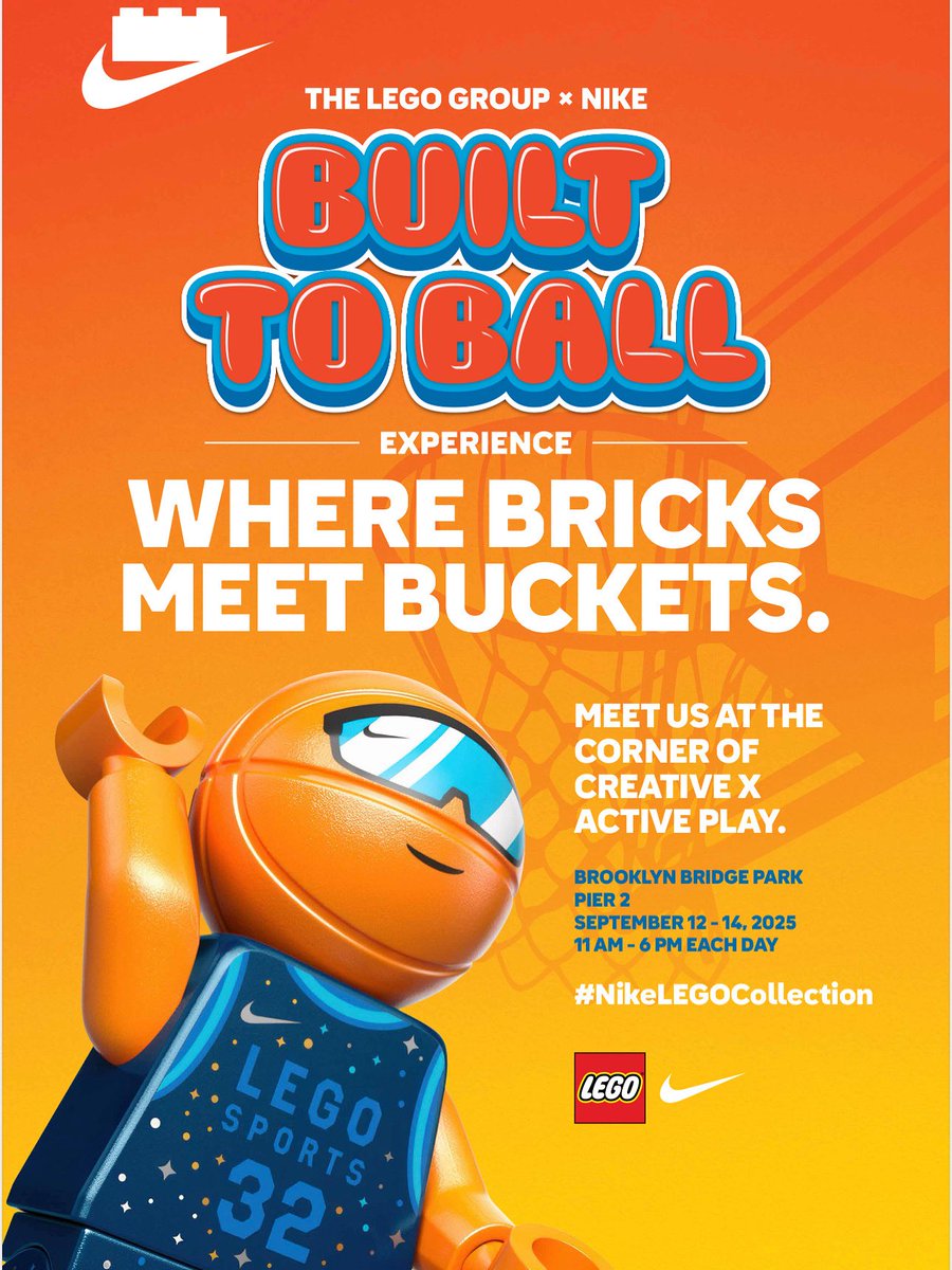 The only edit is the event name:

Brooklyn, it’s a beautiful weekend to come out and enjoy The LEGO Group x Nike “Built to Ball” Experience 🏀

I’ll be holding down the music all weekend. 🎧

📍 Brooklyn Bridge Park, Pier 2
📅 September 12–14, 2025
🕚 11 AM – 6 PM
<a href="/LEGO_Group/">LEGO</a>