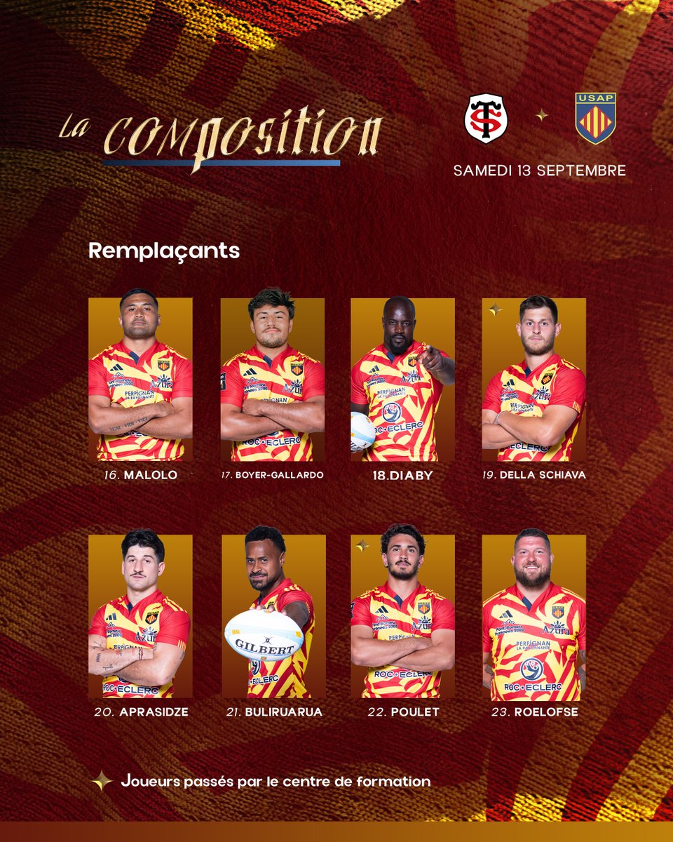 🥁𝗟𝗔 𝗖𝗢𝗠𝗣𝗢

Découvrez la composition pour notre second match de Top14 offerte par notre partenaire David Giralt Iad France 🔥

🏉 <a href="/top14rugby/">TOP 14 Rugby</a> - J2
💊 Stade Toulousain face à l’USAP
⏰ Samedi 13 septembre - 16h35 
🏟️ Stade Ernest-Wallon

#le5eelement