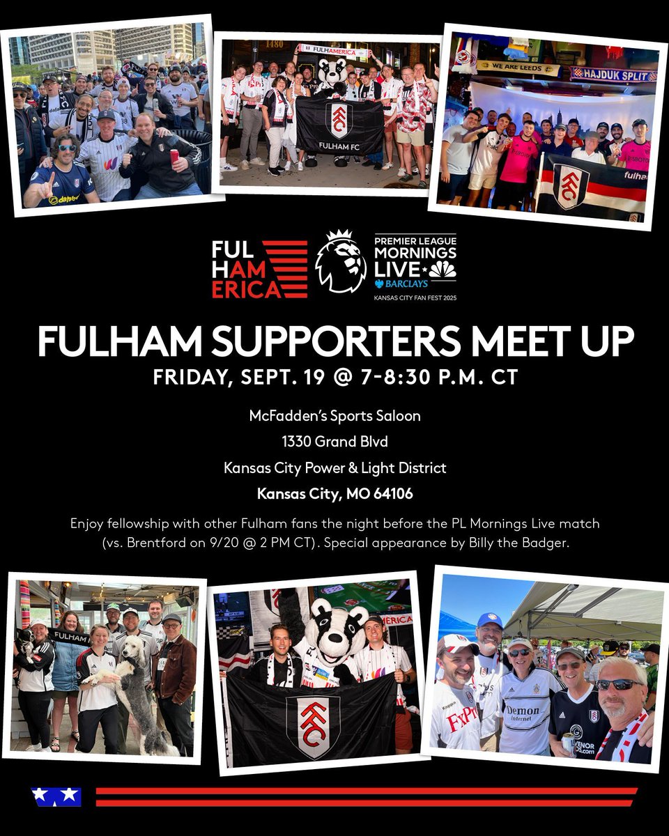 You a @fulhamfc fan going to KC to #PLFanFest next week? The club wants to let you know that they will be having meetup Friday 9/19 (details in the image below).

Come get your photo taken with Billy the Badger! Connect with other fans! #ffc