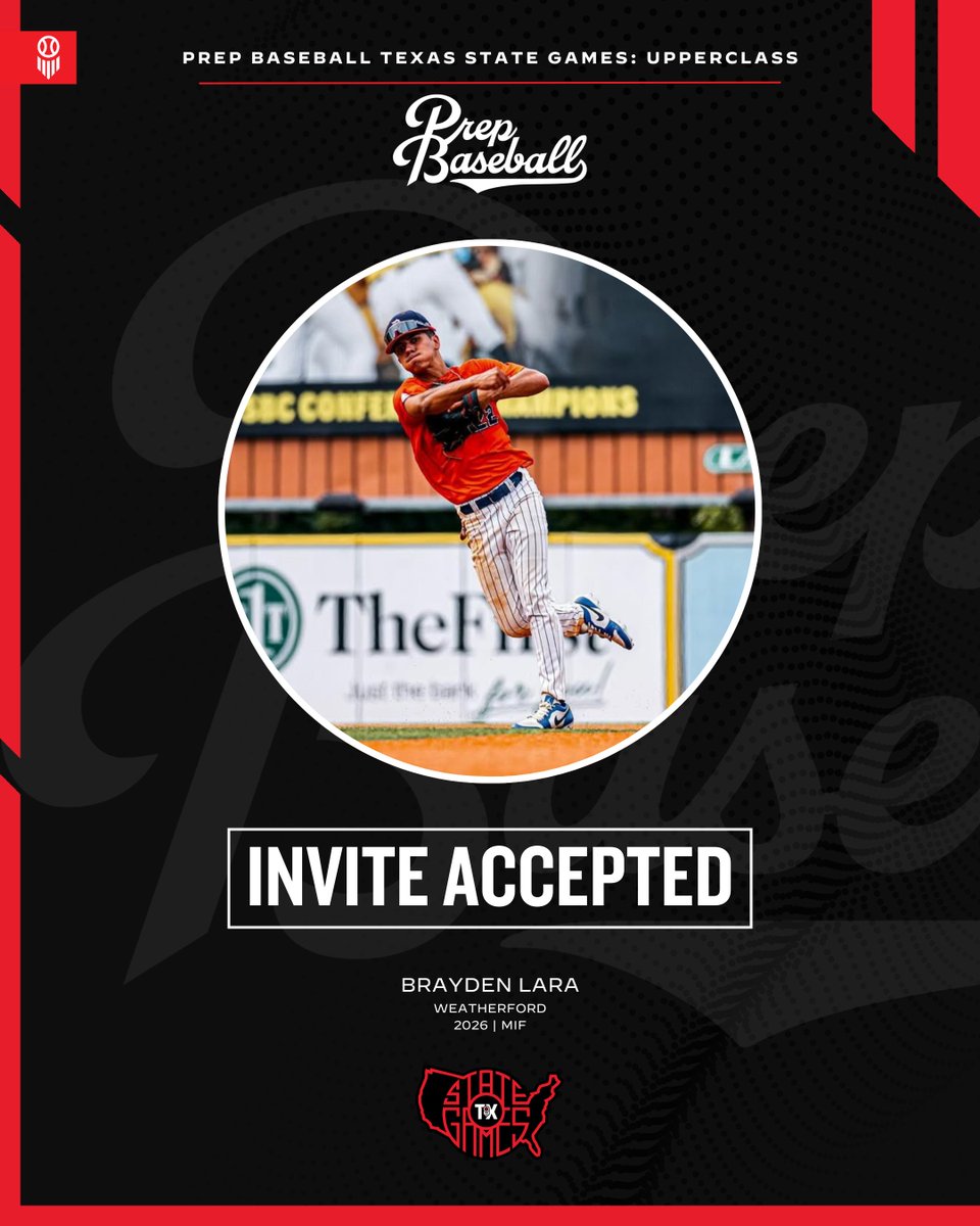 🎟️ #𝐓𝐗𝐒𝐭𝐚𝐭𝐞𝐆𝐚𝐦𝐞𝐬𝟐𝟓: 𝐈𝐧𝐯𝐢𝐭𝐞 𝐀𝐜𝐜𝐞𝐩𝐭𝐞𝐝 

2026 MIF Brayden Lara (<a href="/BraydenLara/">Brayden Lara 2026</a> | <a href="/WHSRooBaseball/">Roo Baseball</a>) is headed to The Texas State Games (Upperclass) at Weatherford College on September 19-21.

<a href="/PB_Uncommitted/">Prep Baseball Uncommitted</a>

🖇️ loom.ly/powpwyg