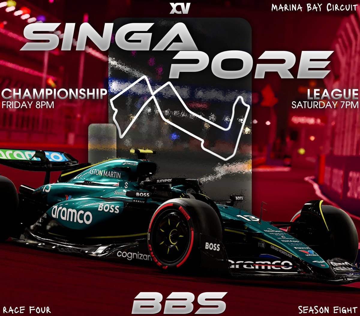 Bunga_Series's tweet image. 🇸🇬 𝗦𝗜𝗡𝗚𝗔𝗣𝗢𝗥𝗘 𝗥𝗔𝗖𝗘 𝗪𝗘𝗘𝗞

Race Four of #BBS8 takes us to the home of F1&apos;s first night race: Marina Bay.
@EVR_F1 come into the last round of Stage 1 with the lead in both formats, however with @AERT_F1 nipping at their heels in League.

All the details you need 🧵👇