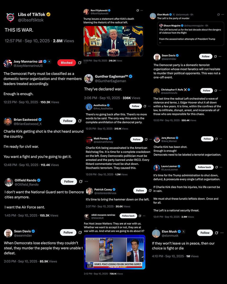 Oh what's that? The suspect in custody was a 22 year old white non-trans guy from a conservative household? The son of a cop?

Surely any second now the right wingers who have been calling for the en masse imprisonment or death of anyone left of center will retract and apologize