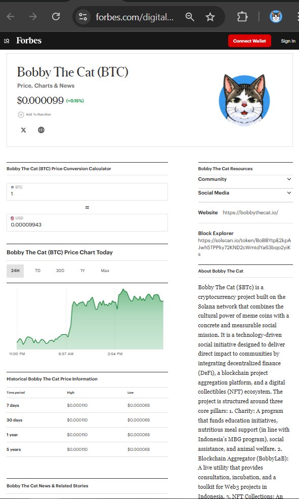 From a #MemeWithAMission to the pages of <a href="/Forbes/">Forbes</a>. This is a new level. 🔥

We are incredibly proud to announce that The OG Bobby The Cat ($BTc) is now officially listed on Forbes Digital Assets.

See for yourself:
➡️ forbes.com/digital-assets…

<a href="/ForbesCrypto/">Forbes Crypto</a> <a href="/ForbesWeb3/">Forbes Web3</a>