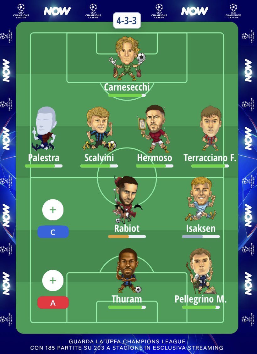 m_lebronpablo's tweet photo. Ciao @AlfredoDeVuono, posso metterti alla prova? 

Ecco titolari+panchina. Ho indecisione per terzo cc e att. Considerando anche giocatori che giocano stessa partita, possibile performance e un po’ di intuito, come ti comporteresti? 

Folorunsho o Zalewski?
Sulemana o Nzola? https://t.co/Y7kpFiZS6O