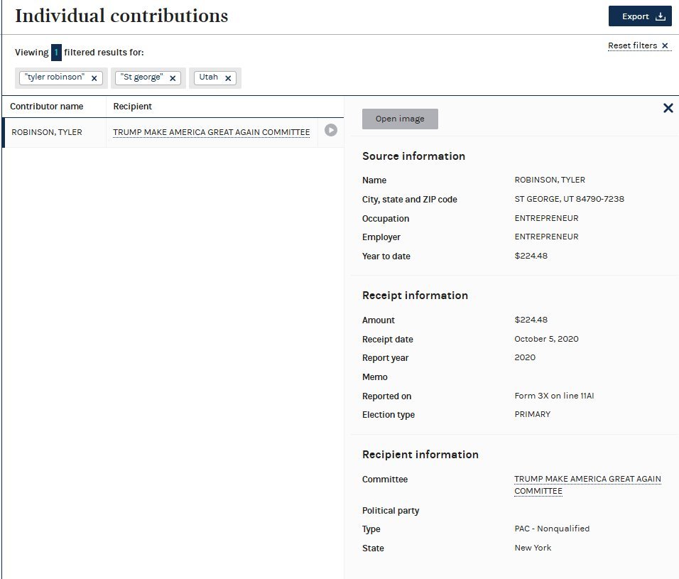 A webpage screenshot showing individual contributions data. Text lists Robinson Tyler as a donor, with details including name, occupation as entrepreneur, city St George, Utah, ZIP code 84770-7208, year 2020, amount $2,024.48, and recipient Trump Make America Great Again Committee.