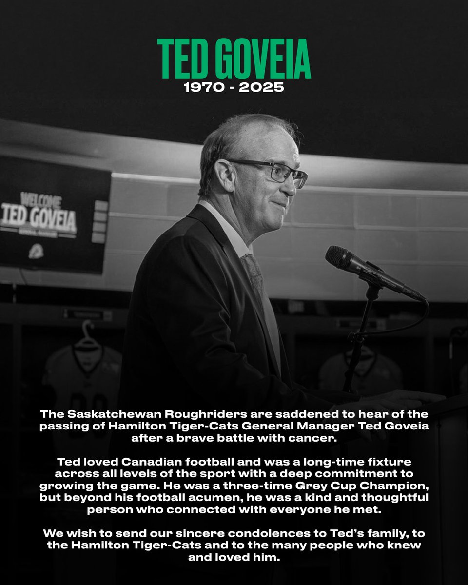 sskroughriders's tweet photo. The Saskatchewan Roughriders are saddened to hear of the passing of Hamilton Tiger-Cats General Manager Ted Goveia.
We wish to send our sincere condolences to Tedโs family, to the Hamilton Tiger-Cats and to the many people who knew and loved him ๐ https://t.co/wu67afxnDR