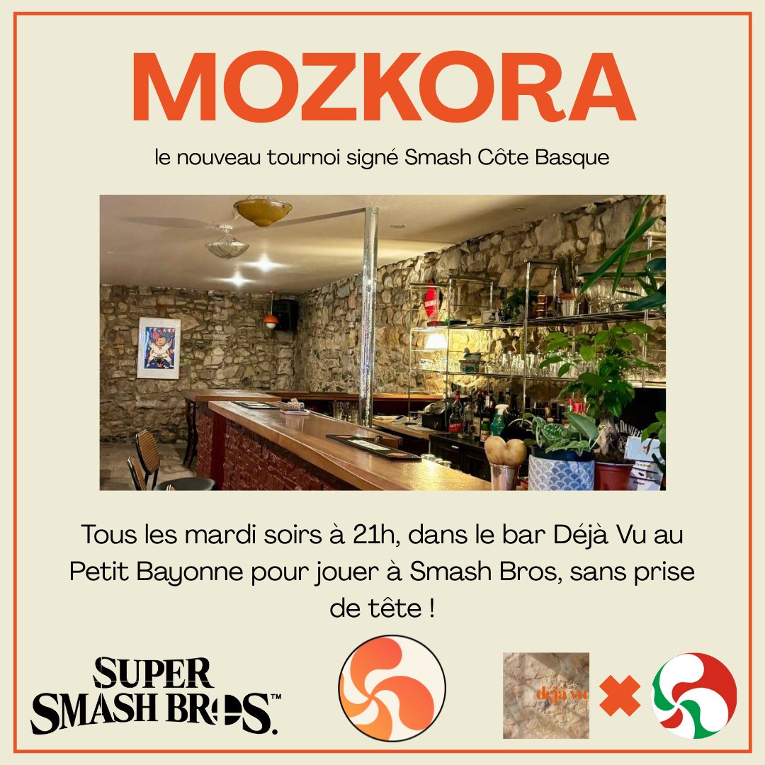 Nous sommes heureux de vous annoncer le nouveau tournoi Smash Bros hebdomadaire sur la côte basque : le Mozkora ! 🍺

Il se déroulera tous les mardi de 21h à 2h dans le bistro @deja_vu_bayonne qui nous permet l'organisation de cette nouvelle série de tournoi, dans un esprit
