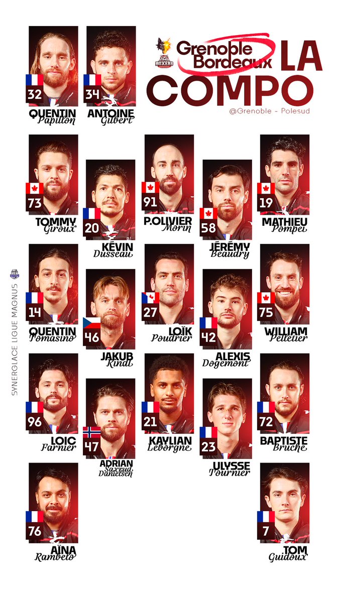 Composition de l’équipe pour ce soir 🫡

Blessés :
GUILLAUME 
CARRY 
LAMARCHE