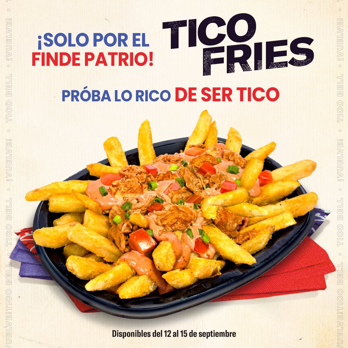 Mood: más ticos que decir mae 🇨🇷 ¡Porque llegaron las Tico Fries! Corré a probarlas que solo están disponibles por tiempo limitado 🔥
*Disponibles únicamente del 12 al 15 de septiembre del 2025.

tbcr.app/CL/?c=101