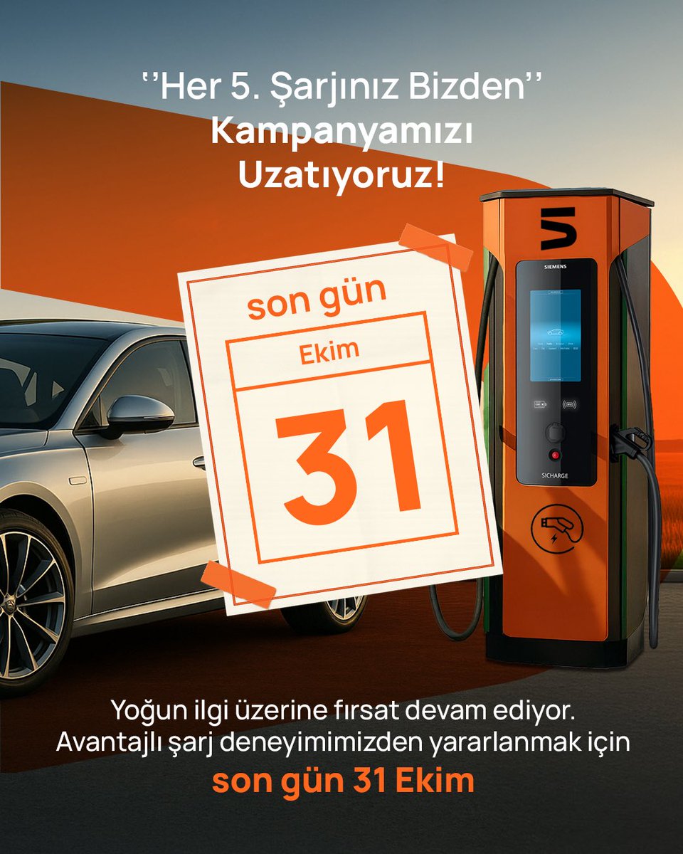 “Her 5. Şarjınız Bizden” Kampanyamızı Uzatıyoruz!💫

Yoğun ilgi üzerine fırsat devam ediyor. Avantajlı şarj deneyimimizden yararlanmak için son gün 31 Ekim.
Kaçırmayın!🧡