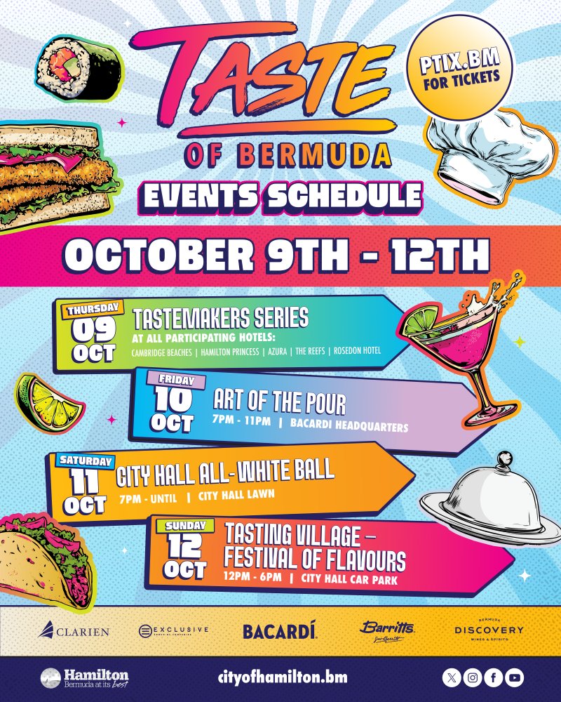 Bermuda Tourism Authority (@btainsights) on Twitter photo ๐๏ธ Limited tickets! Taste of Bermuda ๐ง๐ฒ returns Oct 9โ12.
Donโt miss the cocktail competition, City Hall All White Ball & Tasting Village street festival. Secure your spot now:
Learn more: bit.ly/4g76SHv
#BTAInsights <a href="/citylifebda/">City of Hamilton</a> ๐๏ธ Limited tickets! Taste of Bermuda ๐ง๐ฒ returns Oct 9โ12.
Donโt miss the cocktail competition, City Hall All White Ball & Tasting Village street festival. Secure your spot now:
Learn more: bit.ly/4g76SHv
#BTAInsights <a href="/citylifebda/">City of Hamilton</a>