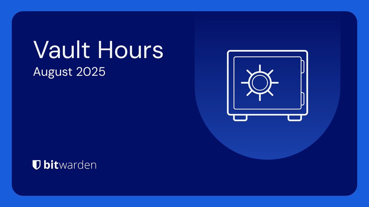 Bitwarden's tweet photo. Missed out on Vault Hours? Watch the replay to stay up to date on what’s new in the world of Bitwarden and #cybersecurity: https://t.co/lvt7ujAQ5X https://t.co/6RqTpThuga