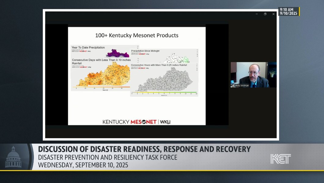 On Wednesday, our Director and @kyclimate, Dr. Jerry Brotzge, presented to the state's Disaster Prevention and Resiliency Task Force about our network's role in disaster preparedness and hazard mitigation. This link from <a href="/PubAffairsKET/">KET Public Affairs</a> has more: ket.org/legislature/ar… #kywx