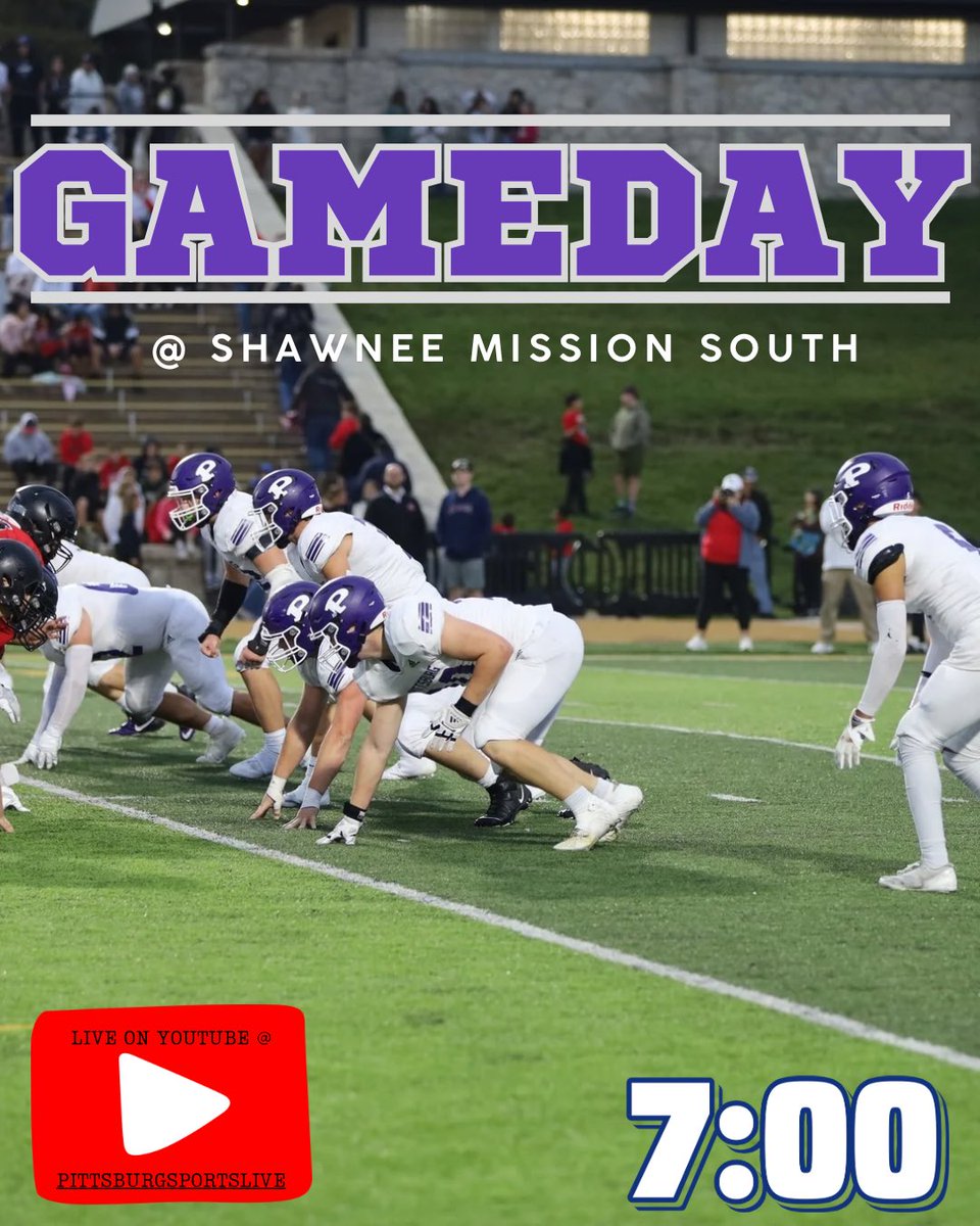 #Gameday 

🆚 - <a href="/SMSRaidersAD/">Mark Mahoney</a> 
📍 - Shawnee Mission South District Stadium - 5800 W. 107th St Overland Park, KS 66207
⏰ - 7:00 pm 
🎟️- $7/Adults - $5/Students 
📺 - Pittsburg Sports Live on YouTube