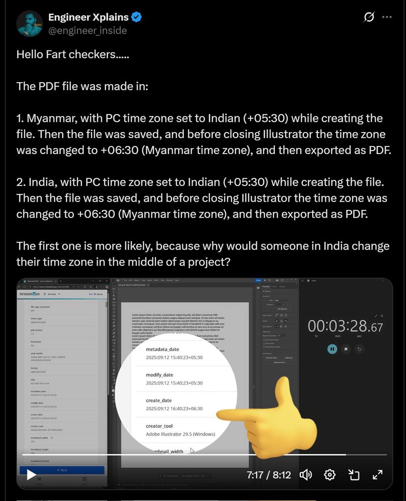 zoo_bear's tweet photo. No matter how much you tamper with the default settings, you will inevitably be caught. Just check your own video, it exposes your actions and highlights your poor observation skills. Let me explain:  In the metadata of the file you exported after adjusting to Myanmar time, the 'Create Date' is running one hour ahead of the 'Metadata Date' and 'Modify Date' (which align with +5:30, Indian Standard Time). In contrast, for Rahul Gandhi's case and the BJP's PDF's case, or my screen recording, the times match exactly with the Metadata Date and Modify Date. For further proof, here's a publicly available example. Download the 'Modi ki Guarantee' PDF from the BJP website (https://t.co/zuLUTky11c), 
( archive link: https://t.co/R2TQDRLaP6 ) which was also created in Adobe Illustrator. Check its metadata, and you'll see the same result (Myanmar timezone offset of +6:30) as in Rahul Gandhi's case. This software quirk isn't exclusive to Congress; it the same for BJP files too. Neither the Congress PDF nor the BJP PDF was created in Myanmar. 

Also, it's logically impossible that the Create Date of a file is in Myanmar time zone, and its Metadata Date and Modify Date are captured in India time zone, and all three show the exact same time down to the seconds.