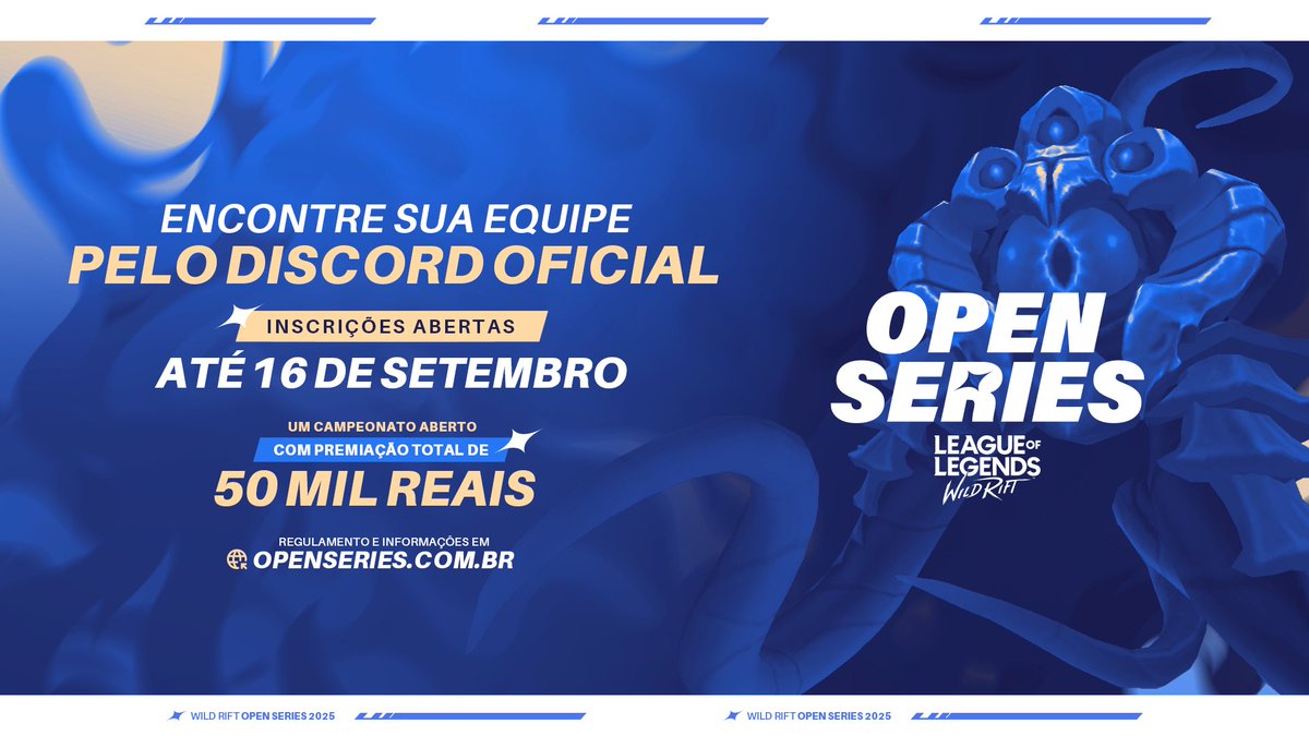 🚨 Já fechou seu time para jogar o Wild Rift Open Series? 

Participe do Discord Oficial e encontre sua galera no link 🔗 discord.gg/HUrxpVRBYQ

E não esquece: 

🤗 Todos podem participar
🔥 São R$ 50.000 totais em premiações
📅 Inscrições abertas até 16 de setembro