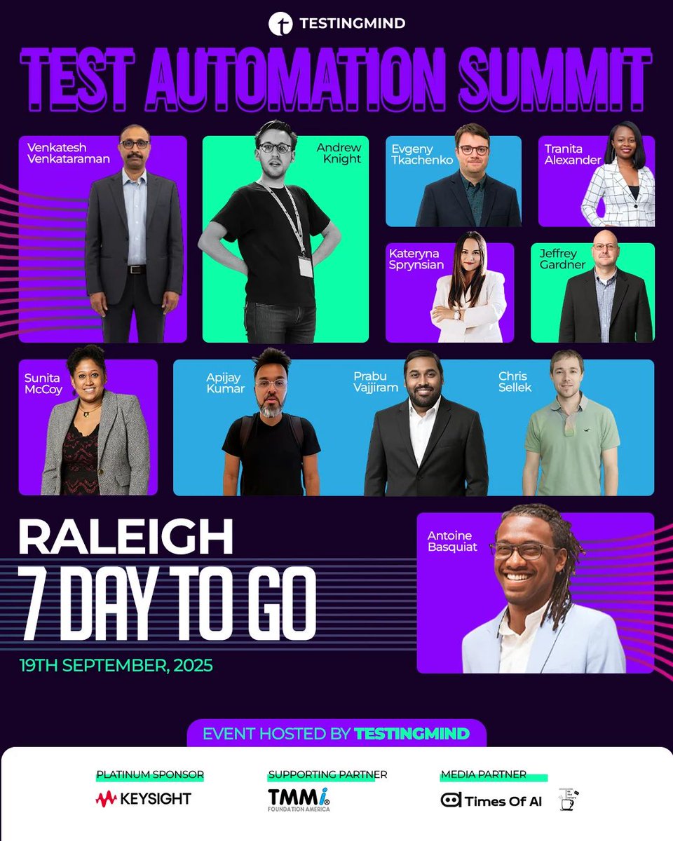 testingmindcon's tweet image. 💡 AI. QA. Test Automation. Networking.  In 7 days, Raleigh hosts the Test Automation Summit — where global QA leaders &amp;amp; innovators gather to shape the future.  Don’t miss it. Final seats left 📷 linkedin.com/smart-links/AQ… #Testingmind #RaleighTech #QualityEngineering