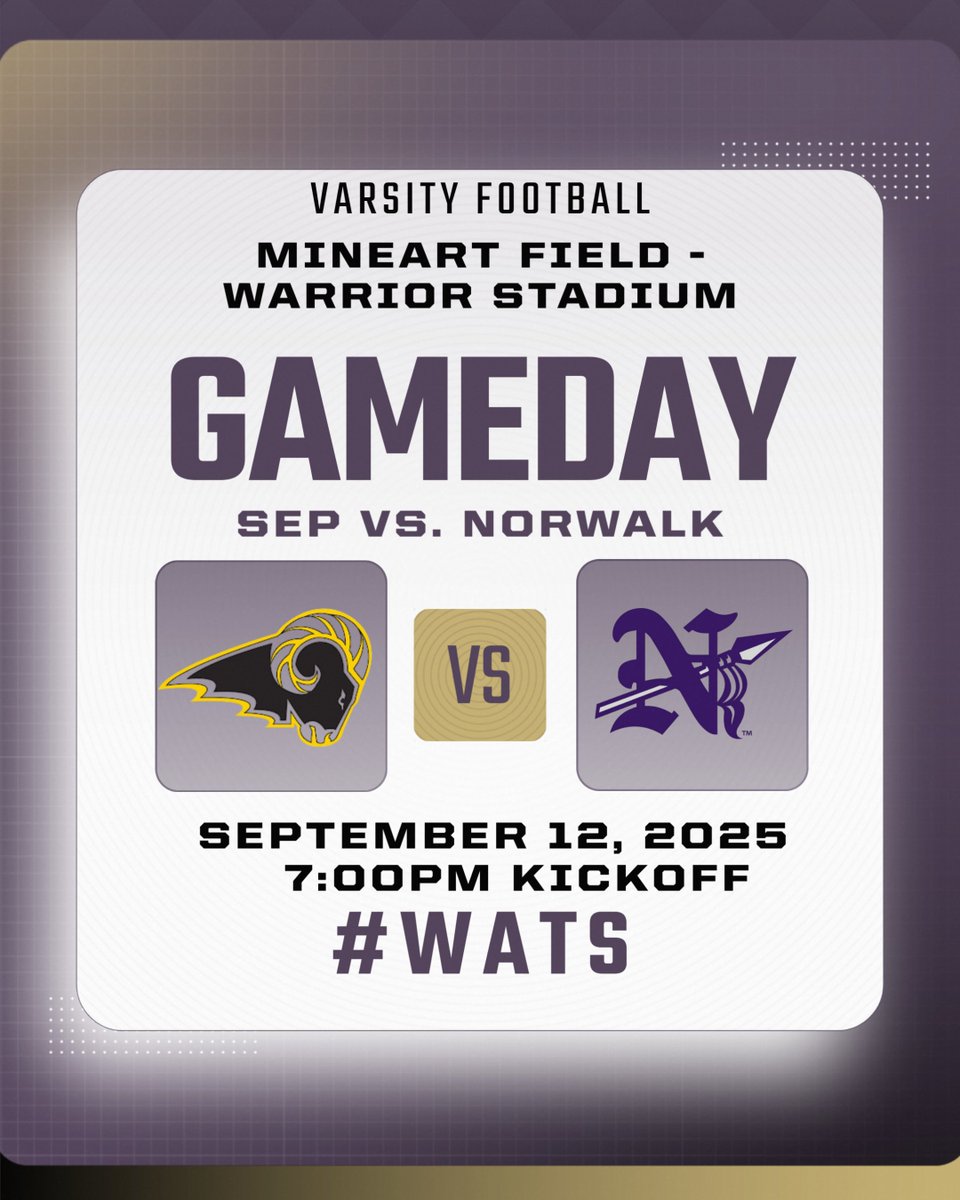 Week 3 - Youth Night

🆚 Southeast Polk
📍 Mineart Field at Warrior Stadium
🕗 7:00pm
🎟️gobound.com/ia/schools/nor…
📺 fan.hudl.com/usa/ia/norwalk…

#WATS