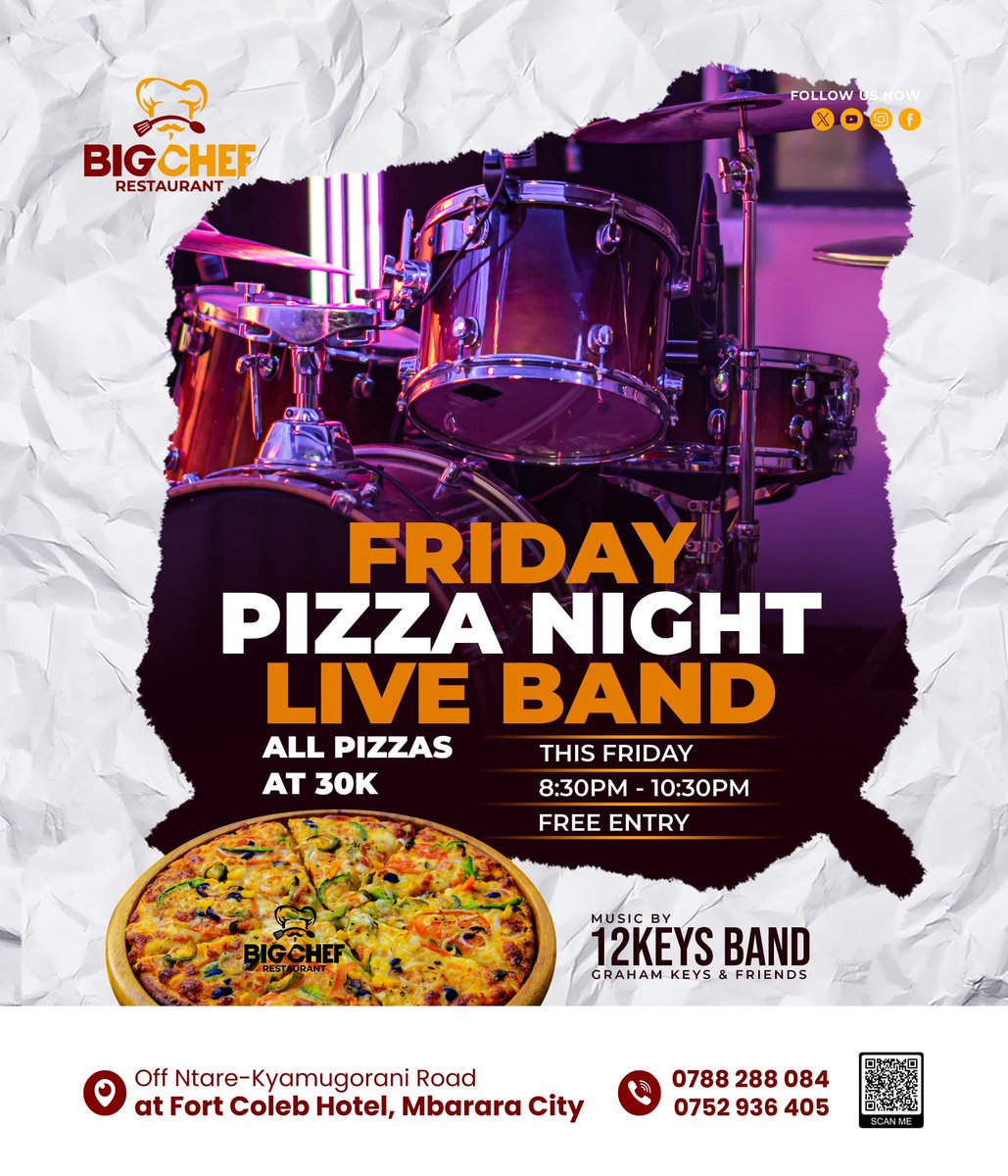 Sandrah_ug's tweet photo. WHERE YOU AT? 🍕 PIZZA NIGHT & LIVE MUSIC with @12keysband
@BigchefR starts SHORTLY! 🕰️
Fort Coleb Hotel, Mbarara. Come thru! 🎉 #PizzaNight #BigChef https://t.co/9Z6TIkuxL0