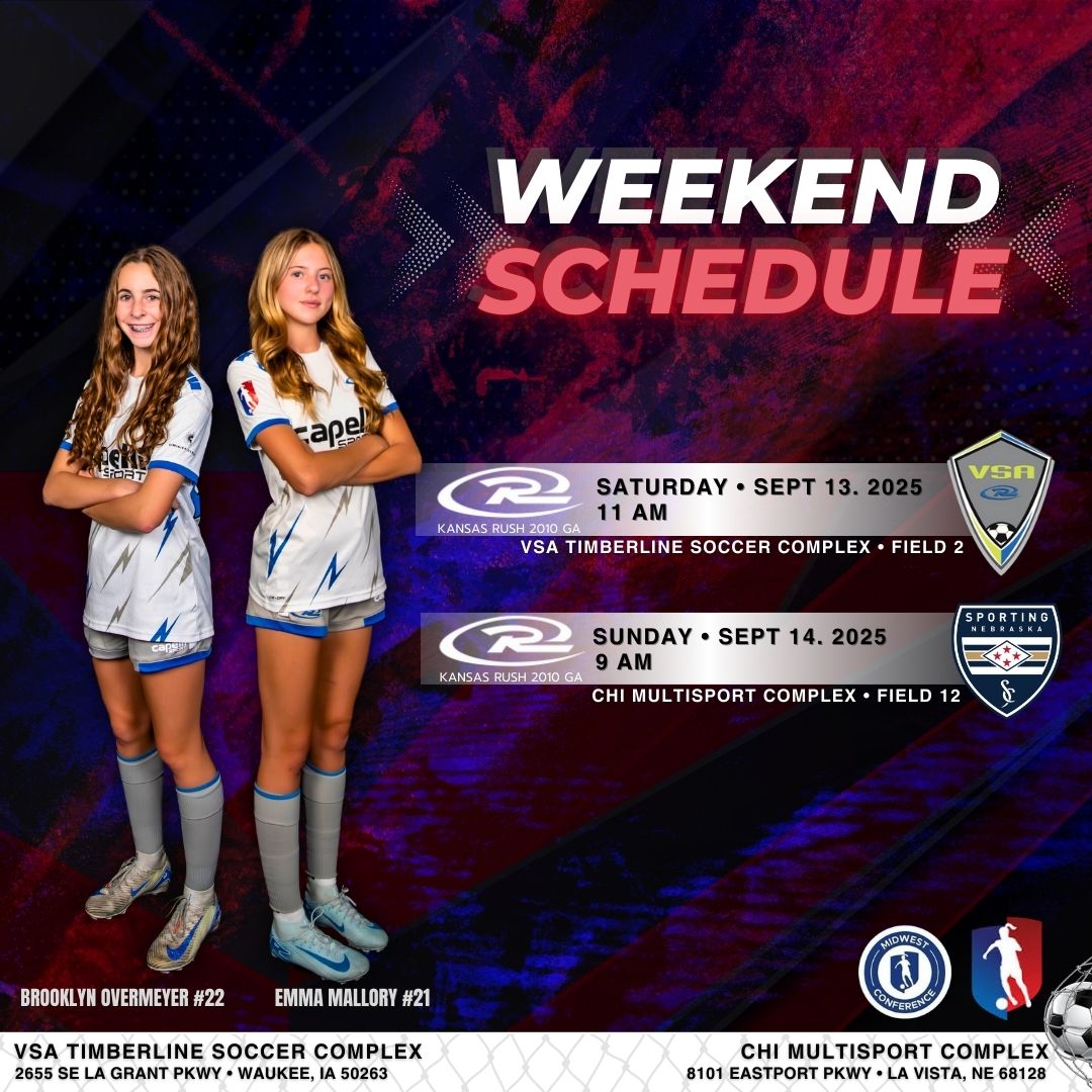Kansas Rush 10 GA (@ksrush10ga) on Twitter photo Iowa ➡️ Nebraska road trip doubleheader <a href="/GAcademyLeague/">Girls Academy</a> games this weekend. Ready to compete! 👊⚽️
<a href="/KSRGirlsAcademy/">Kansas Rush Girls Academy</a> <a href="/KS_RushSoccer/">Kansas Rush Soccer Club</a> <a href="/RushSoccer/">Rush Soccer</a> <a href="/TopDrawerSoccer/">TopDrawerSoccer</a> <a href="/ImYouthSoccer/">ECNL/GA/Recruiting/College Soccer</a> <a href="/TheSoccerWire/">SoccerWire</a> <a href="/PrepSoccer/">Prep Soccer ⚽️</a> <a href="/TopPreps/">TOP PREPS @TopPreps | X | Sports News & Recruiting</a> <a href="/ncsa/">NCSA College Recruiting</a> Iowa ➡️ Nebraska road trip doubleheader <a href="/GAcademyLeague/">Girls Academy</a> games this weekend. Ready to compete! 👊⚽️
<a href="/KSRGirlsAcademy/">Kansas Rush Girls Academy</a> <a href="/KS_RushSoccer/">Kansas Rush Soccer Club</a> <a href="/RushSoccer/">Rush Soccer</a> <a href="/TopDrawerSoccer/">TopDrawerSoccer</a> <a href="/ImYouthSoccer/">ECNL/GA/Recruiting/College Soccer</a> <a href="/TheSoccerWire/">SoccerWire</a> <a href="/PrepSoccer/">Prep Soccer ⚽️</a> <a href="/TopPreps/">TOP PREPS @TopPreps | X | Sports News & Recruiting</a> <a href="/ncsa/">NCSA College Recruiting</a>