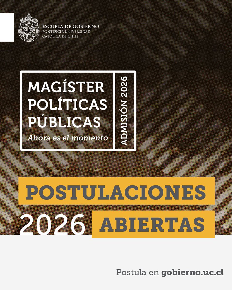 🎓 ¡Ya abrimos postulaciones!
En el Magíster en Políticas Públicas UC te entregamos las herramientas para comprender los desafíos actuales, diseñar soluciones efectivas y generar impacto en lo público.
👉 Postula ahora para la Admisión 2026: gobierno.uc.cl/magister-en-po…