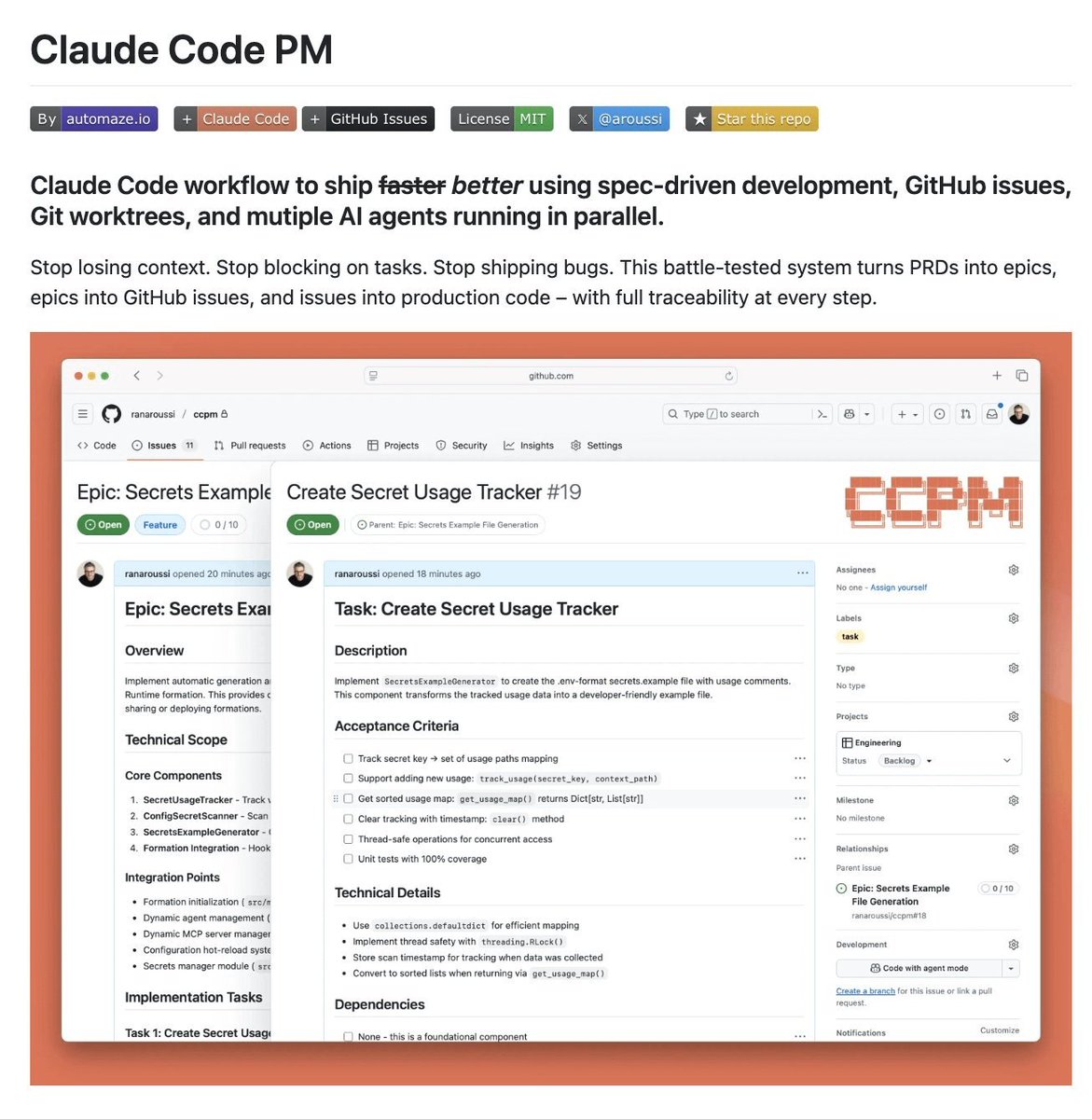 fullstackPM's tweet image. Claude Code for Product Managers. It can turn PRDs into epics, epics into GitHub issues and issues into production code – with full traceability at every step. 100% Opensource.