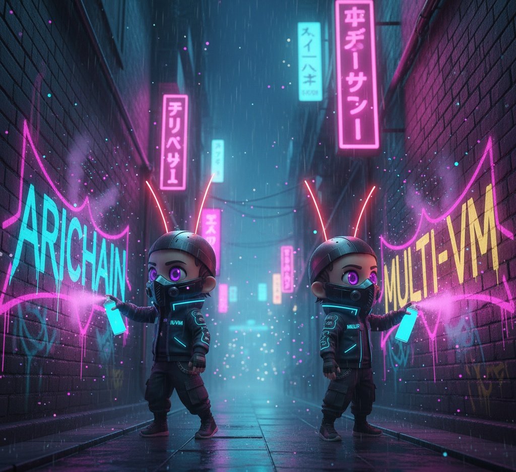 Dianameyer7885's tweet image. Good evening Ari fam 
Street art finally meets future tech! Even in a cyberpunk world, creativity flows. These artists are dropping @Arichain_ and #MultiVM tags, glowing bright like the sky at night night! ✨
GN @Ari_Wallet_ 
We rise to grind tomorrow 🔥🟥