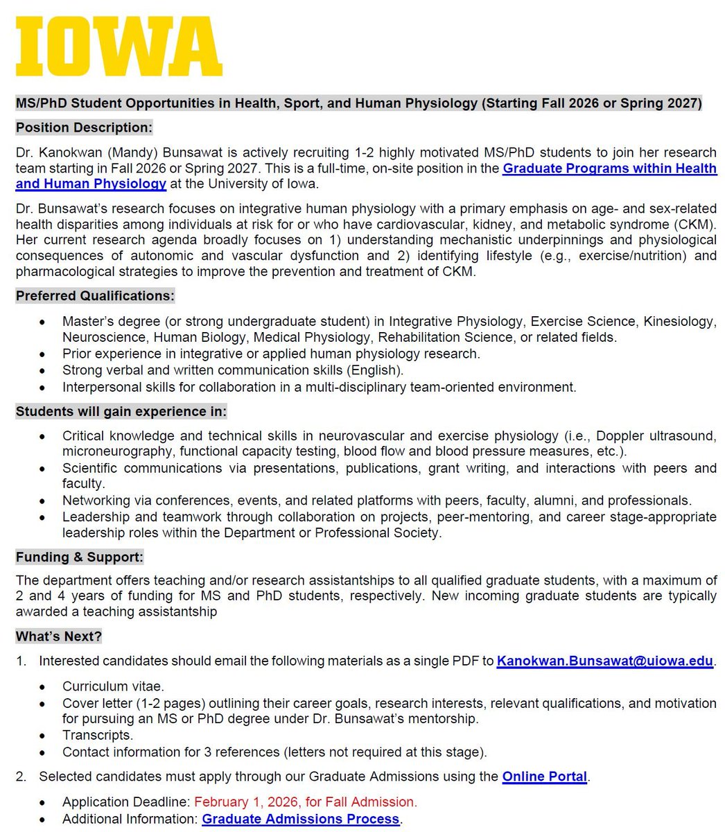 🔥 MS/PhD Student Opportunities Alert 🔥 

We are actively recruiting highly motivated graduate students to join our research team in the Department of Health, Sport, and Human Physiology (Starting Fall 2026 / Spring 2027). Deadline is February 1, 2026. See flyer for more info!
